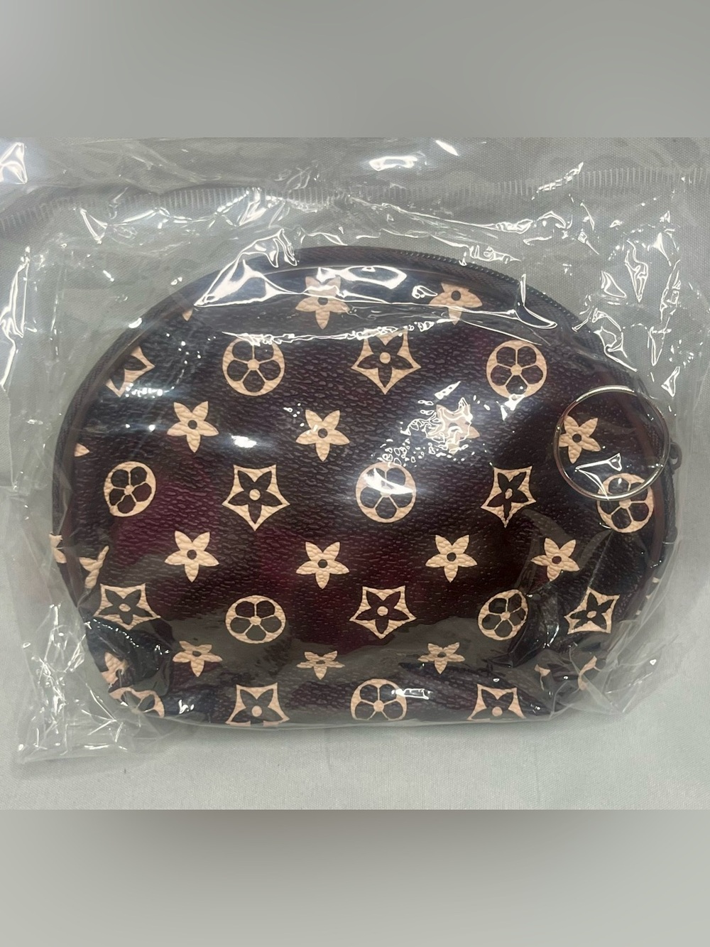 Designer-Inspired Brown Floral Monogram Coin Pouch with Keyring
